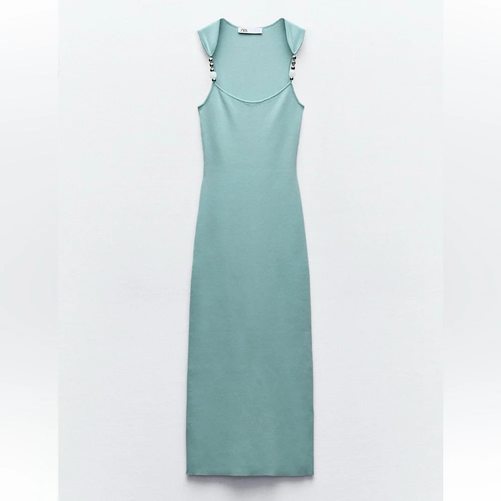 Zara Teal Midi Dress with Pearl Straps - Picture 2 of 4
